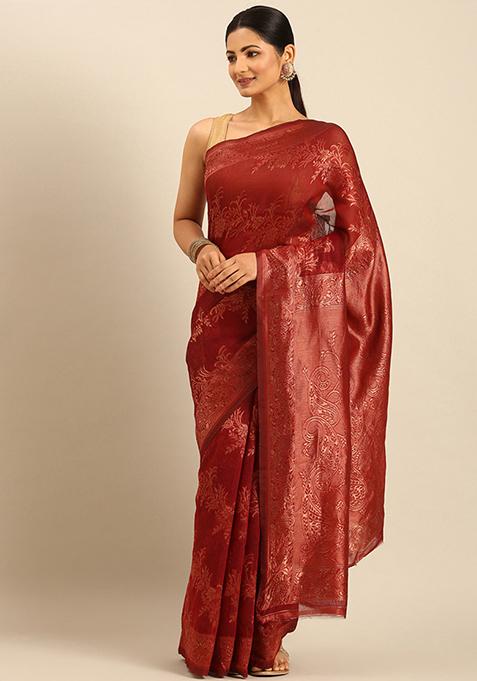 Maroon Woven Cotton Saree Set