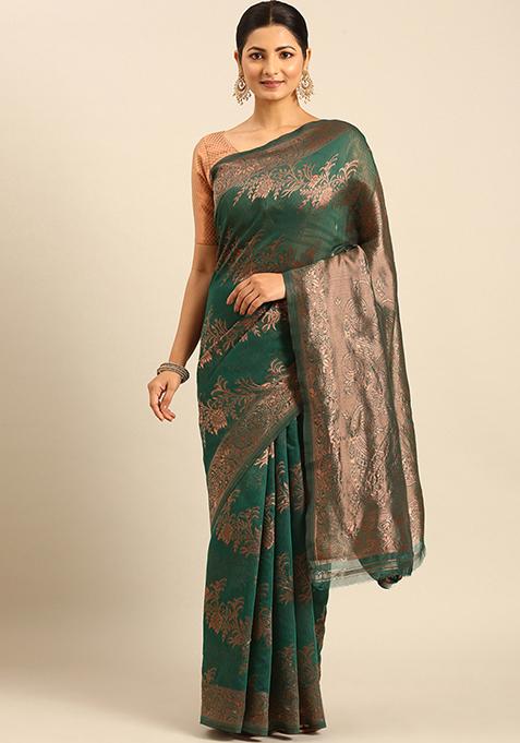 Green Woven Cotton Saree Set