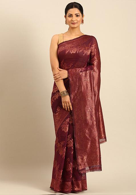 Wine Woven Cotton Saree Set