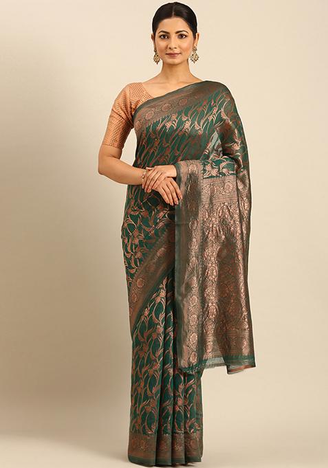 Green Woven Cotton Saree Set