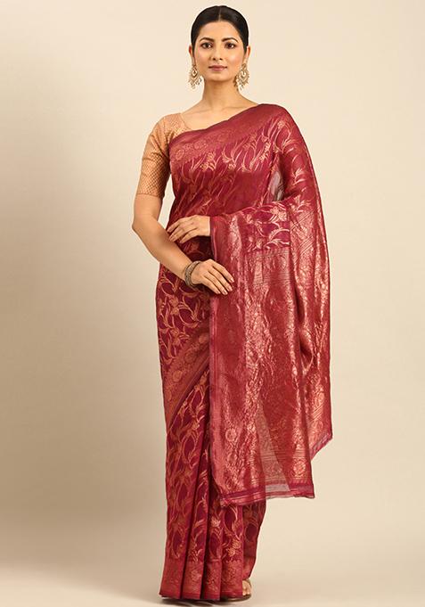 Wine Woven Cotton Saree Set