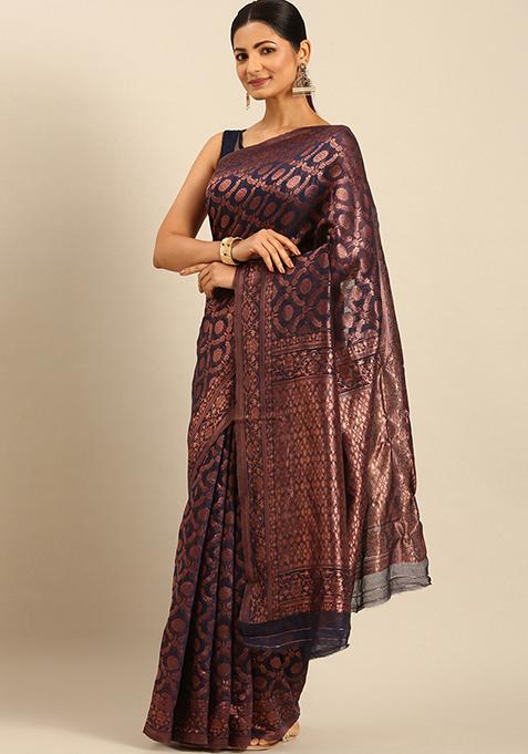 Navy Blue Woven Cotton Saree Set