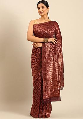 Maroon Woven Cotton Saree Set