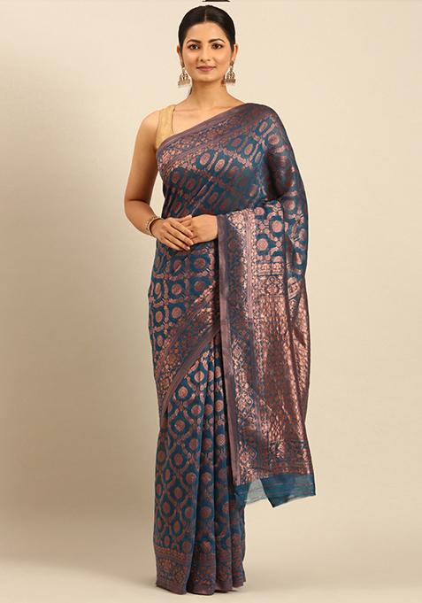 Aqua Blue Woven Cotton Saree Set