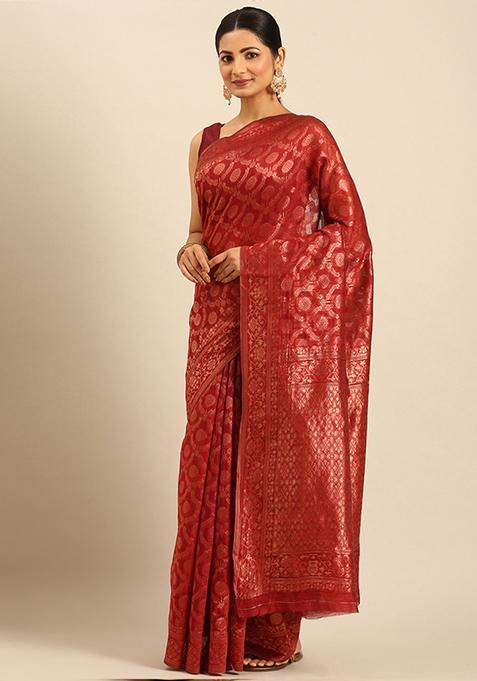 Red Woven Cotton Saree Set