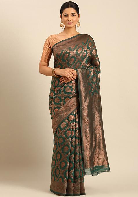 Green Woven Cotton Saree Set