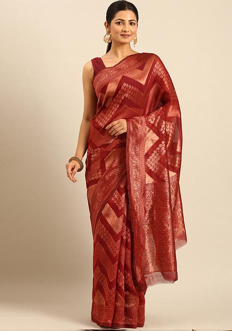 Maroon Woven Cotton Saree Set