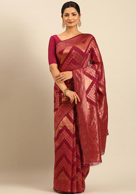 Wine Woven Cotton Saree Set