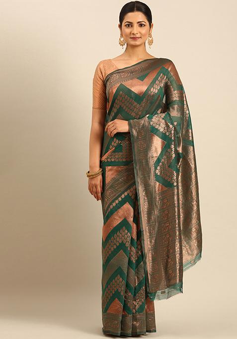 Green Woven Cotton Saree Set