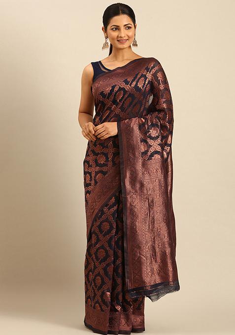 Navy Blue Woven Cotton Saree Set