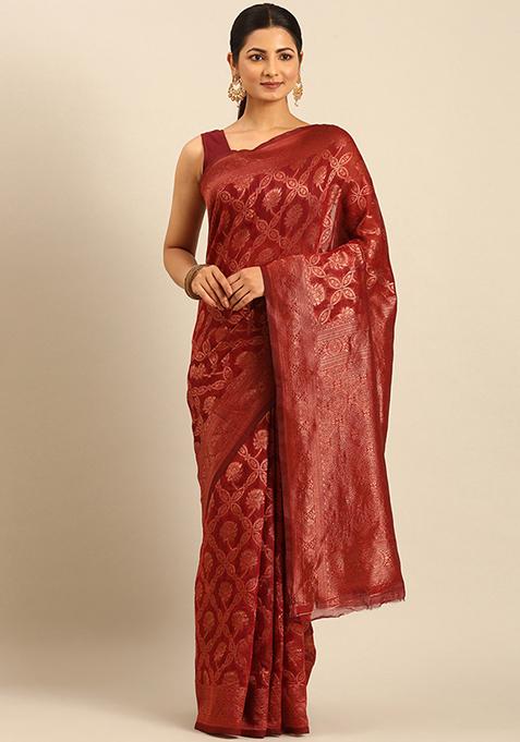 Maroon Woven Cotton Saree Set