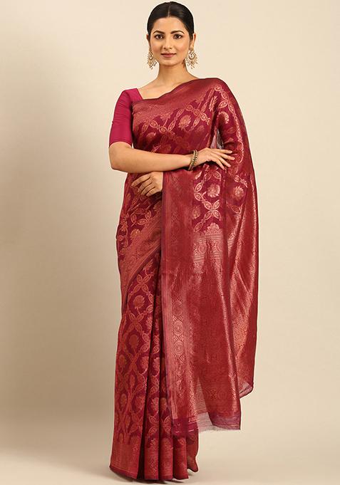 Wine Woven Cotton Saree Set