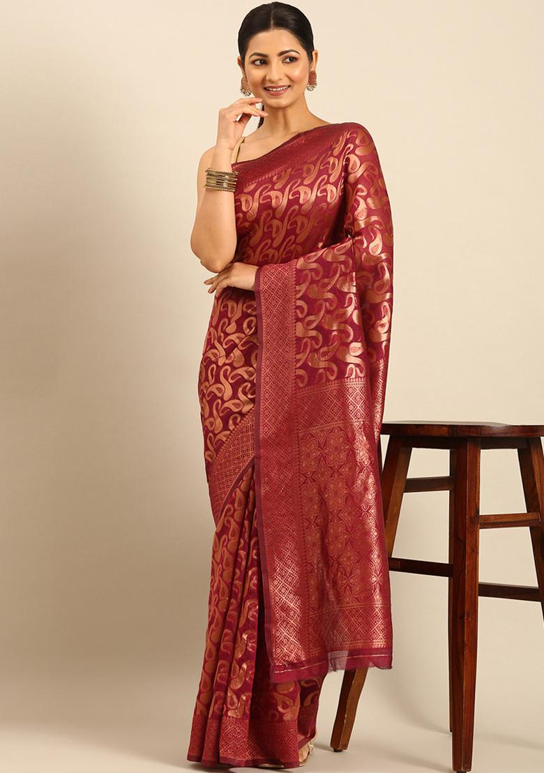 Maroon Woven Cotton Saree Set