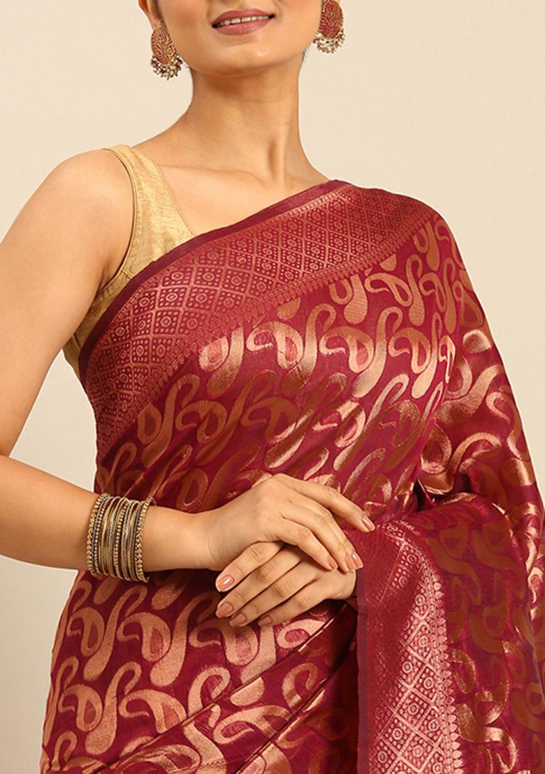Maroon Woven Cotton Saree Set