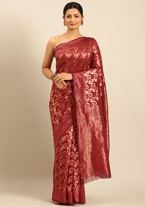 Maroon Woven Cotton Saree Set