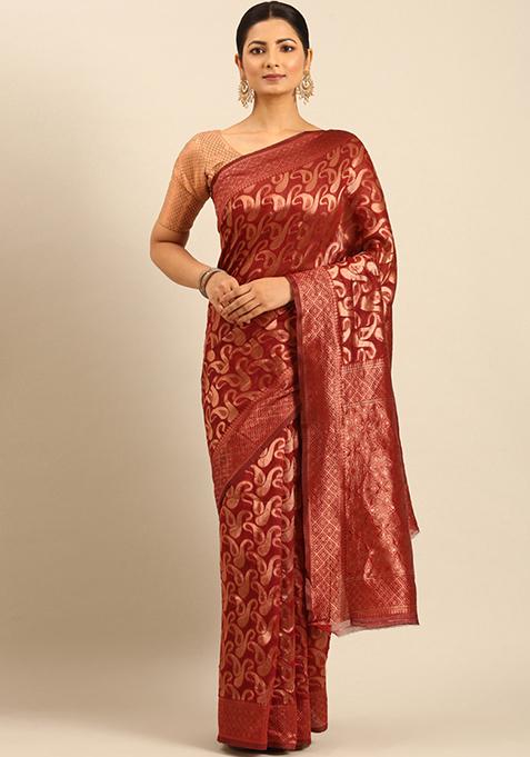 Red Woven Cotton Saree Set