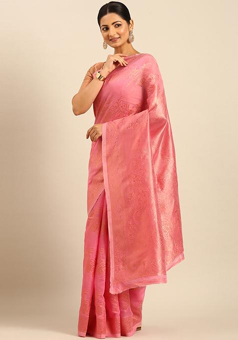 Baby Pink Woven Cotton Saree Set