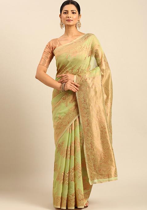 Light Green Woven Cotton Saree Set