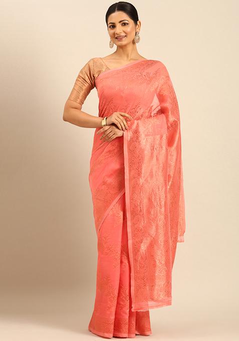 Peach Woven Cotton Saree Set