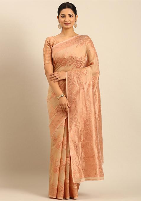 Beige Woven Cotton Saree Set