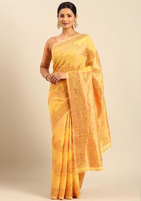 Yellow Woven Cotton Saree Set