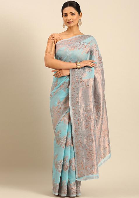 Sky Blue Woven Cotton Saree Set