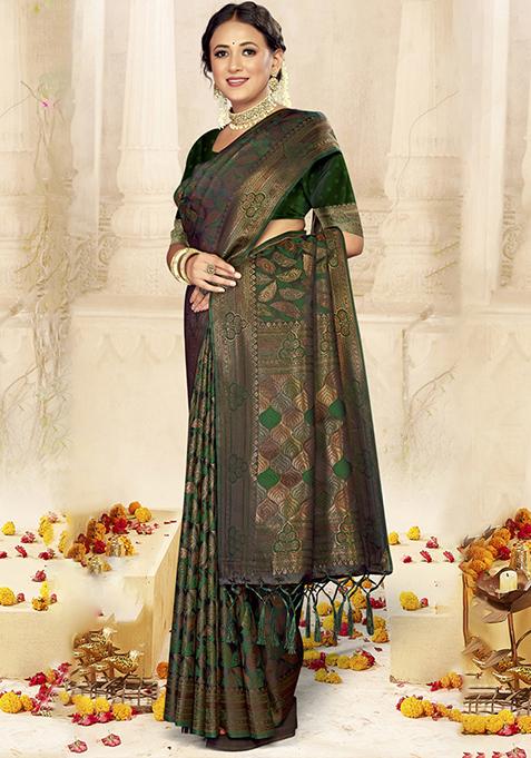 Green Woven Cotton Saree Set