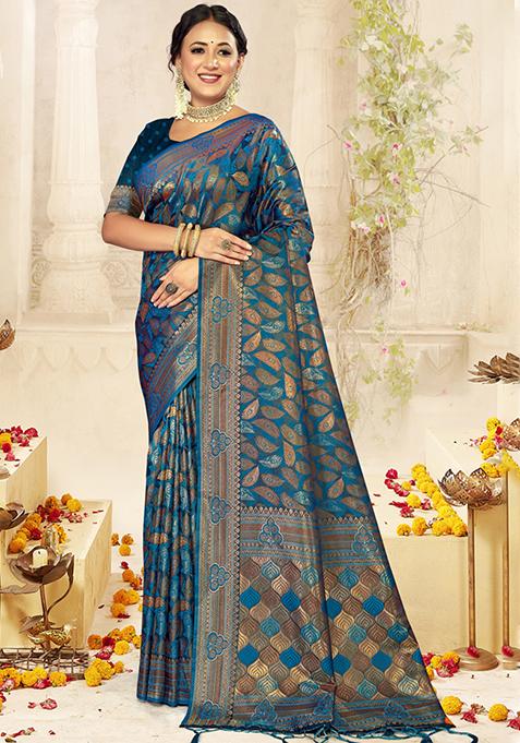 Blue Woven Cotton Saree Set