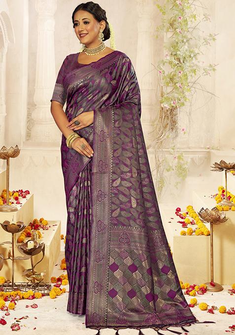 Purple Woven Cotton Saree Set