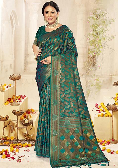 Turquoise Woven Cotton Saree Set