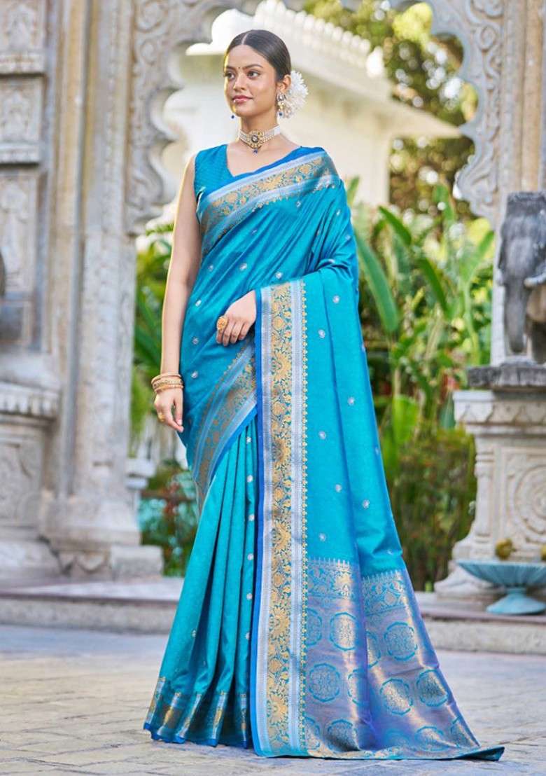 Firozi Zari Woven Work Blend Banarasi Silk Saree Set for Diwali | Wedding & Festive Wear - Indya