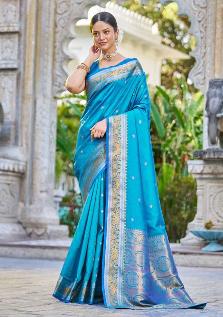Firozi Zari Woven Work Blend Banarasi Silk Saree Set for Diwali | Wedding & Festive Wear - Indya