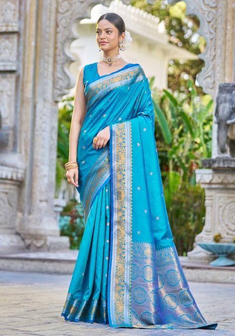 Firozi Zari Woven Work Banarasi Silk Blend Saree Set