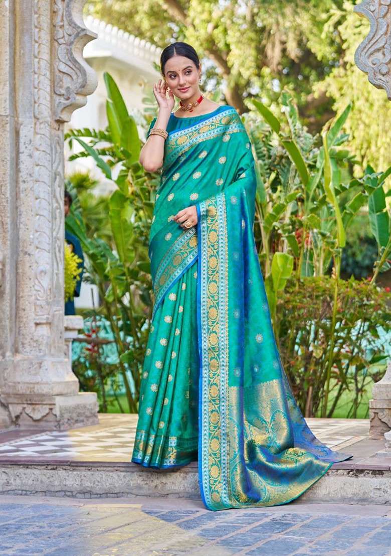 Green Zari Woven Work Banarasi Silk Blend Saree Set for Diwali and Festive Wear - Indya
