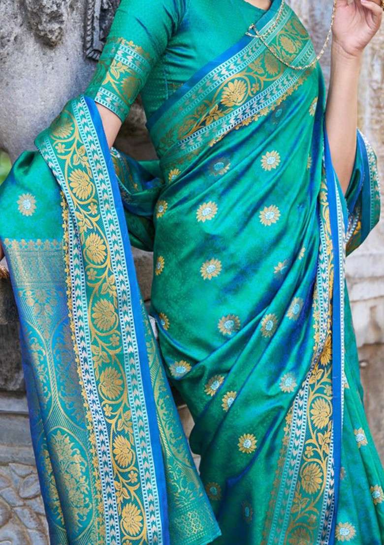 Green Zari Woven Work Banarasi Silk Blend Saree Set for Diwali and Festive Wear - Indya