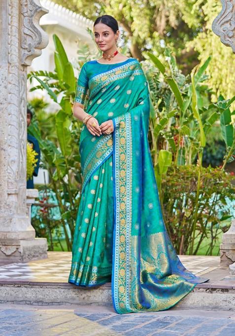 Green Zari Woven Work Banarasi Silk Blend Saree Set