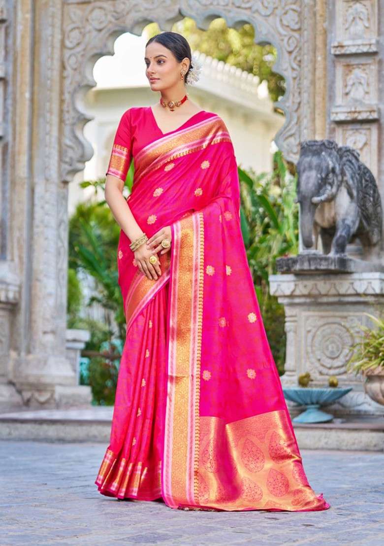 Pink Zari Woven Work Blend Banarasi Silk Saree Set for Diwali | Wedding & Festive Wear - Indya