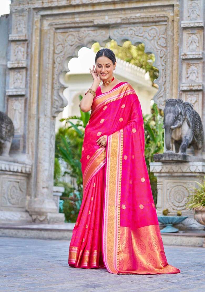 Pink Zari Woven Work Blend Banarasi Silk Saree Set for Diwali | Wedding & Festive Wear - Indya