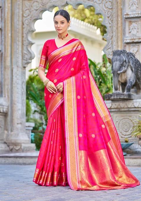 Pink Zari Woven Work Banarasi Silk Blend Saree Set