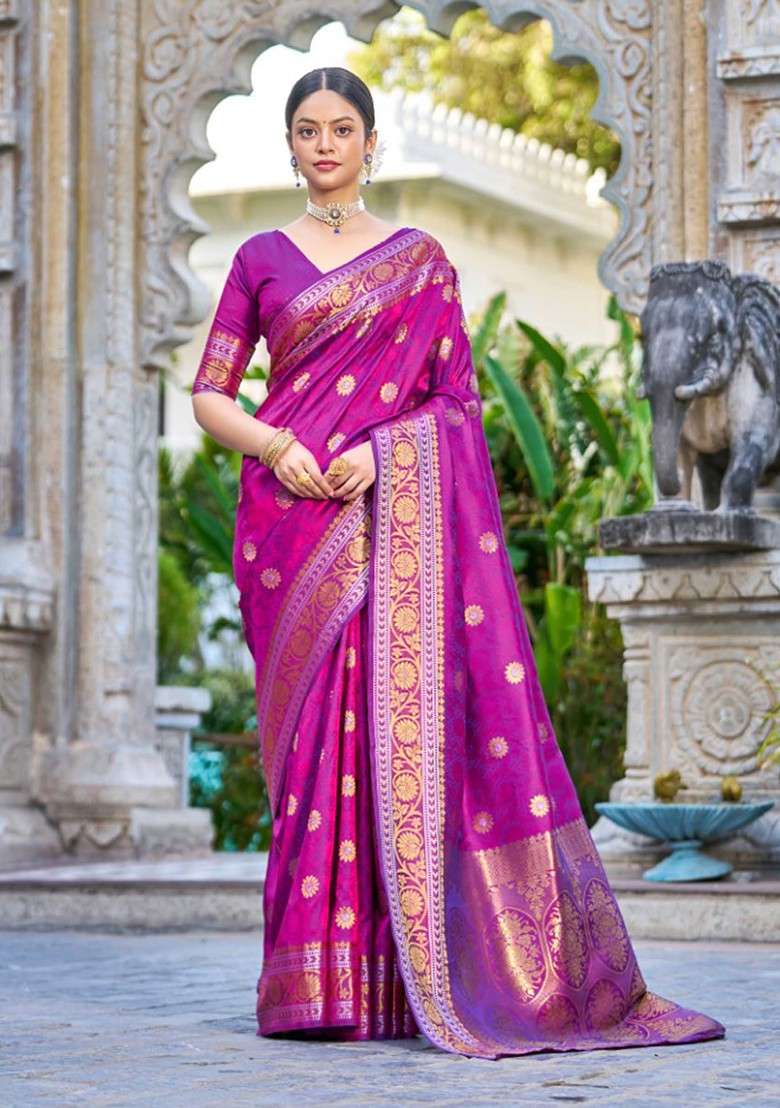 Purple Zari Woven Work Banarasi Silk Blend Saree Set for Diwali and Festive Wear - Indya