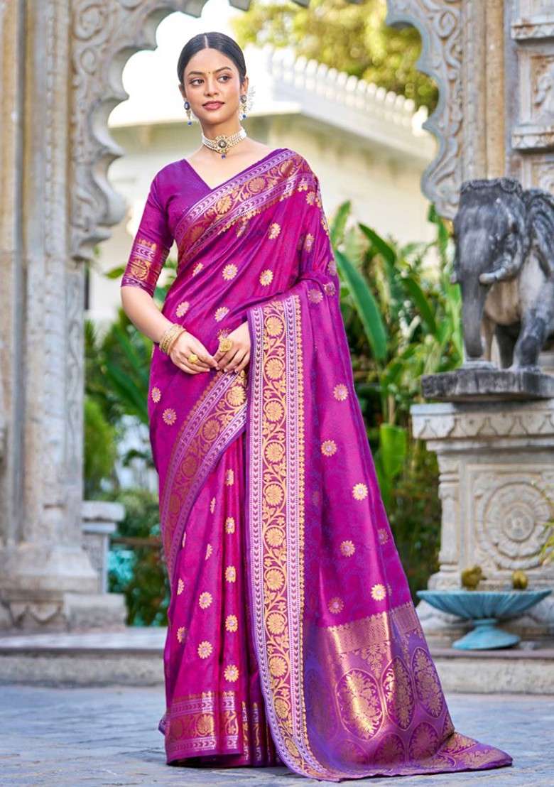 Purple Zari Woven Work Banarasi Silk Blend Saree Set for Diwali and Festive Wear - Indya
