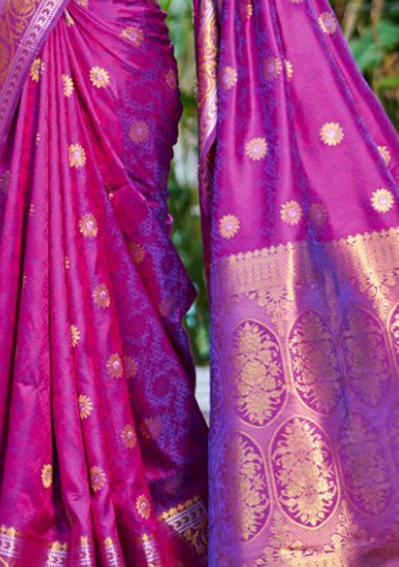 Purple Zari Woven Work Banarasi Silk Blend Saree Set for Diwali and Festive Wear - Indya
