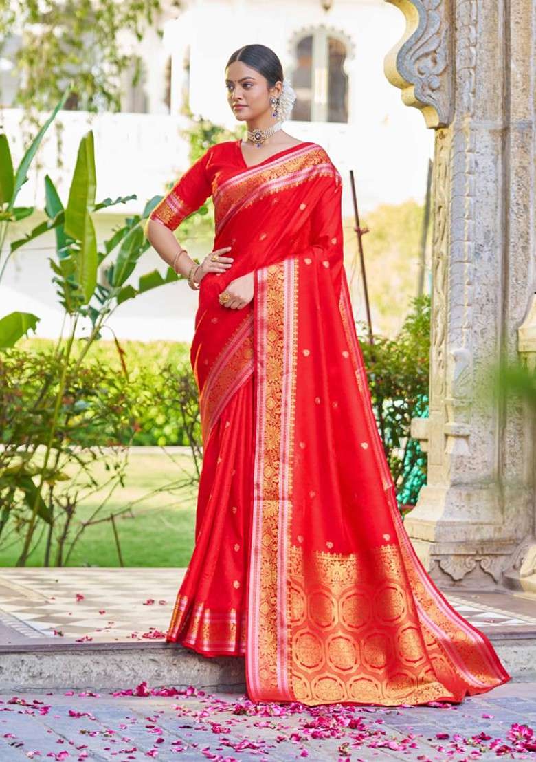 Red Zari Woven Work Banarasi Silk Blend Saree Set - Indya