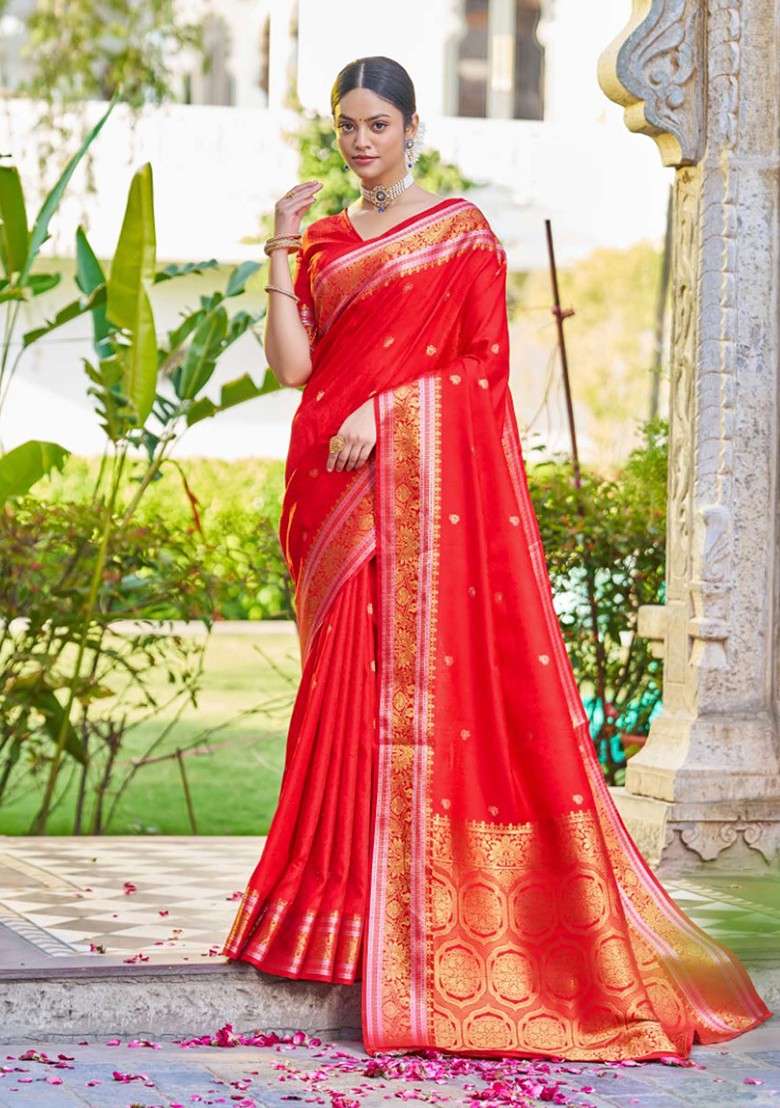 Red Zari Woven Work Banarasi Silk Blend Saree Set - Indya