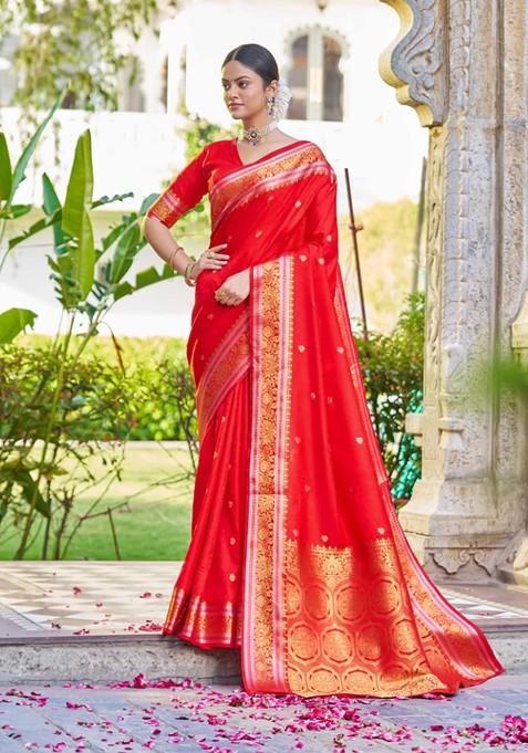 Red Zari Woven Work Banarasi Silk Blend Saree Set