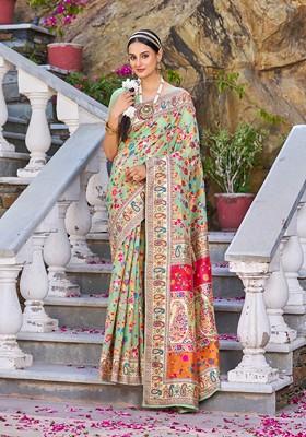 Green Zari Thread Work Banarasi Cotton Blend Saree Set