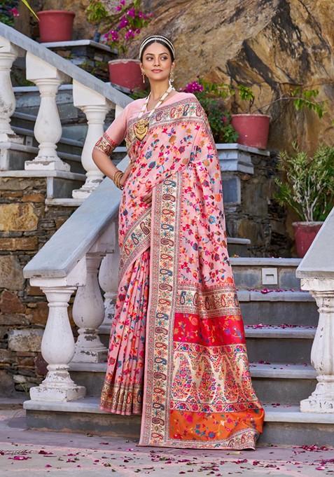 Pink Zari Thread Work Banarasi Cotton Blend Saree Set