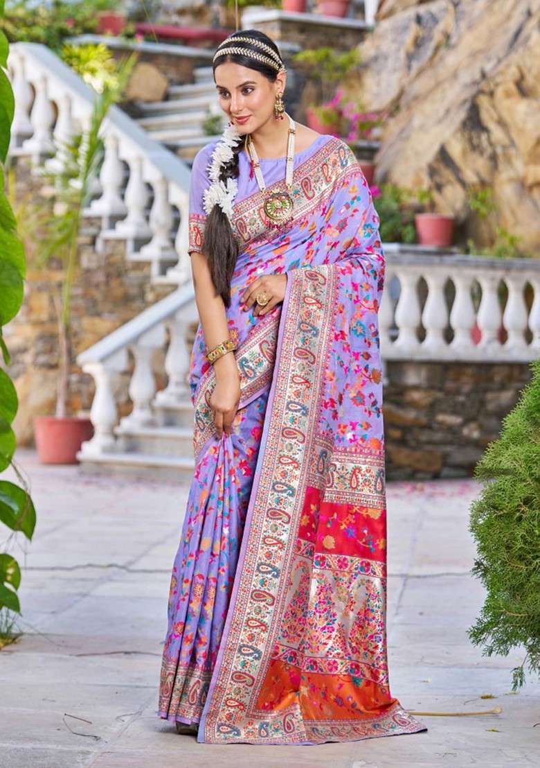 Purple Zari Banarasi Blend Cotton Saree Set with Thread Work for Diwali | Wedding & Festive Wear - Indya
