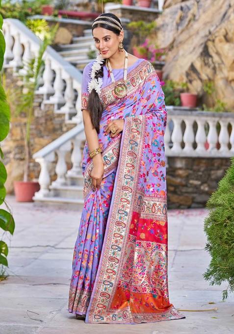 Purple Zari Thread Work Banarasi Cotton Blend Saree Set