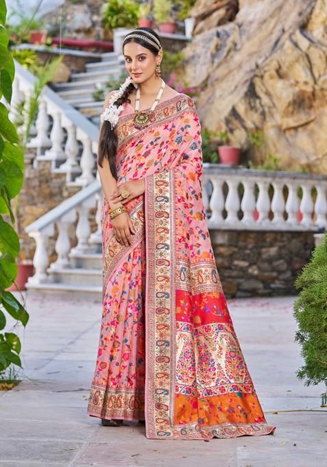 Peach Zari Thread Work Banarasi Cotton Blend Saree Set